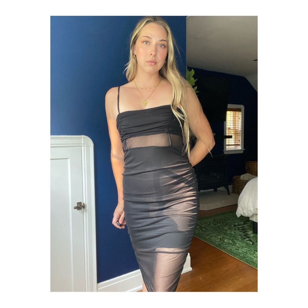 PLT black mesh insert midi dress